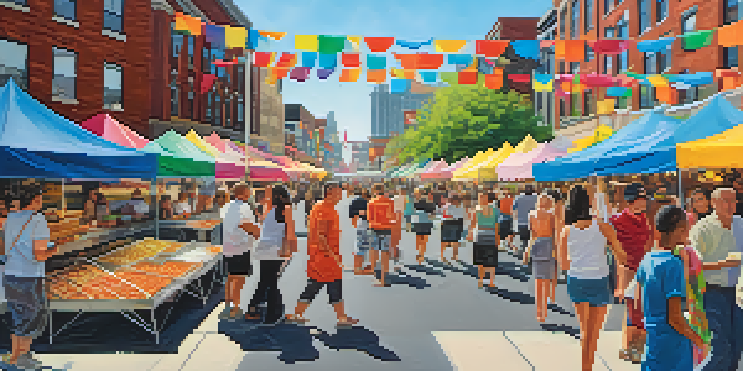 A bustling street filled with colorful food tents and families enjoying the Jersey City Food Festival, with musicians performing in the background.