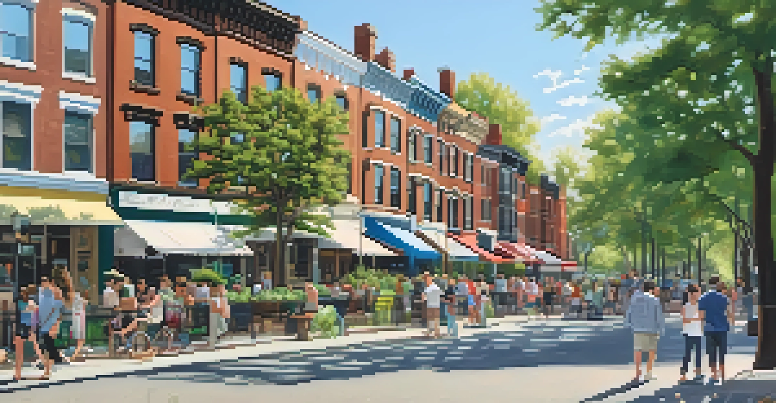 A vibrant street view of the Van Vorst Park Historic District with brownstones and a community farmers' market.