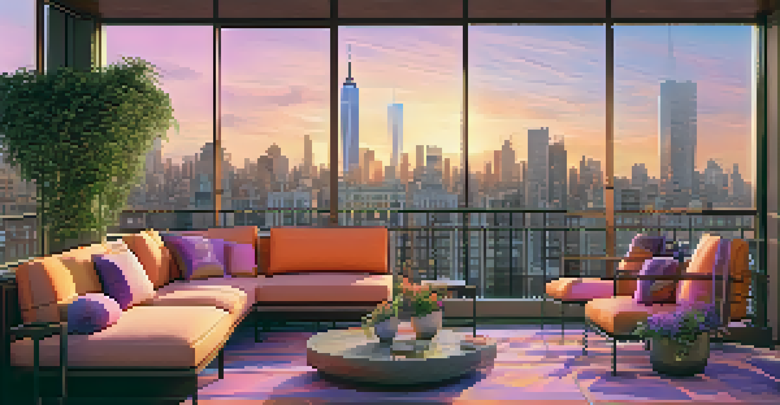 Luxury apartment balcony with a view of the Manhattan skyline at sunset, featuring outdoor furniture and vibrant sky colors.