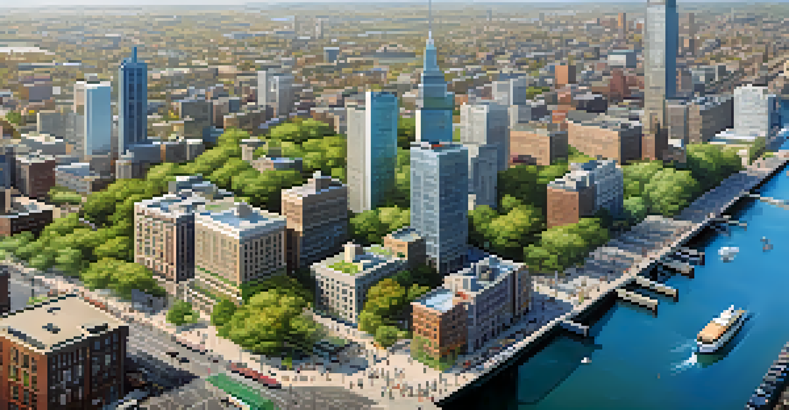Aerial view of Jersey City showing tech startups and universities, with green rooftops and busy streets.