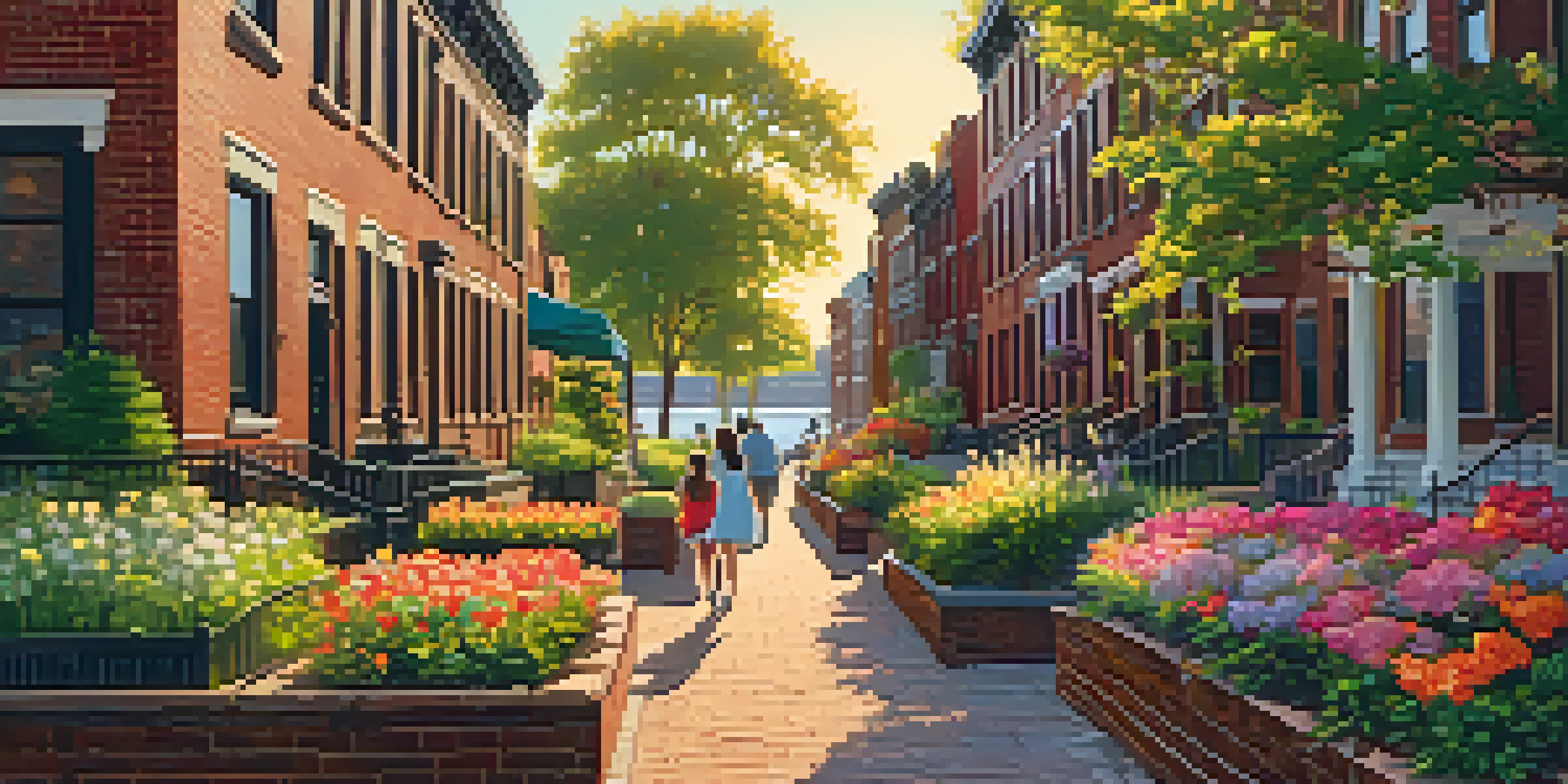 A scenic view of the Paulus Hook neighborhood featuring historic brownstones and waterfront, bathed in warm golden sunlight with colorful flower beds in the foreground.