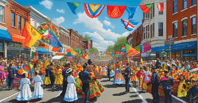 A lively street parade in Jersey City featuring colorful floats and people in traditional costumes, celebrating under a clear blue sky.