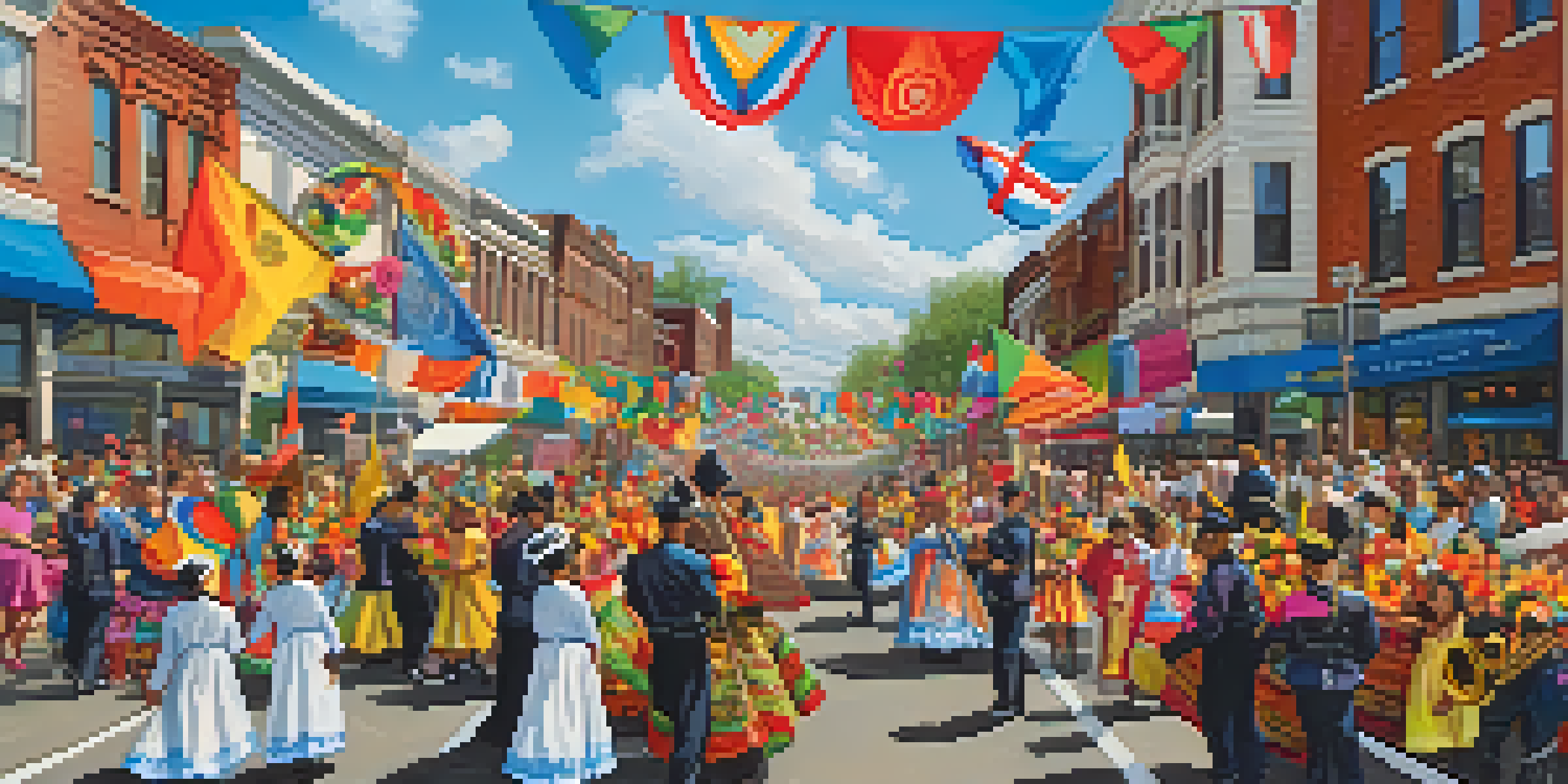 A lively street parade in Jersey City featuring colorful floats and people in traditional costumes, celebrating under a clear blue sky.