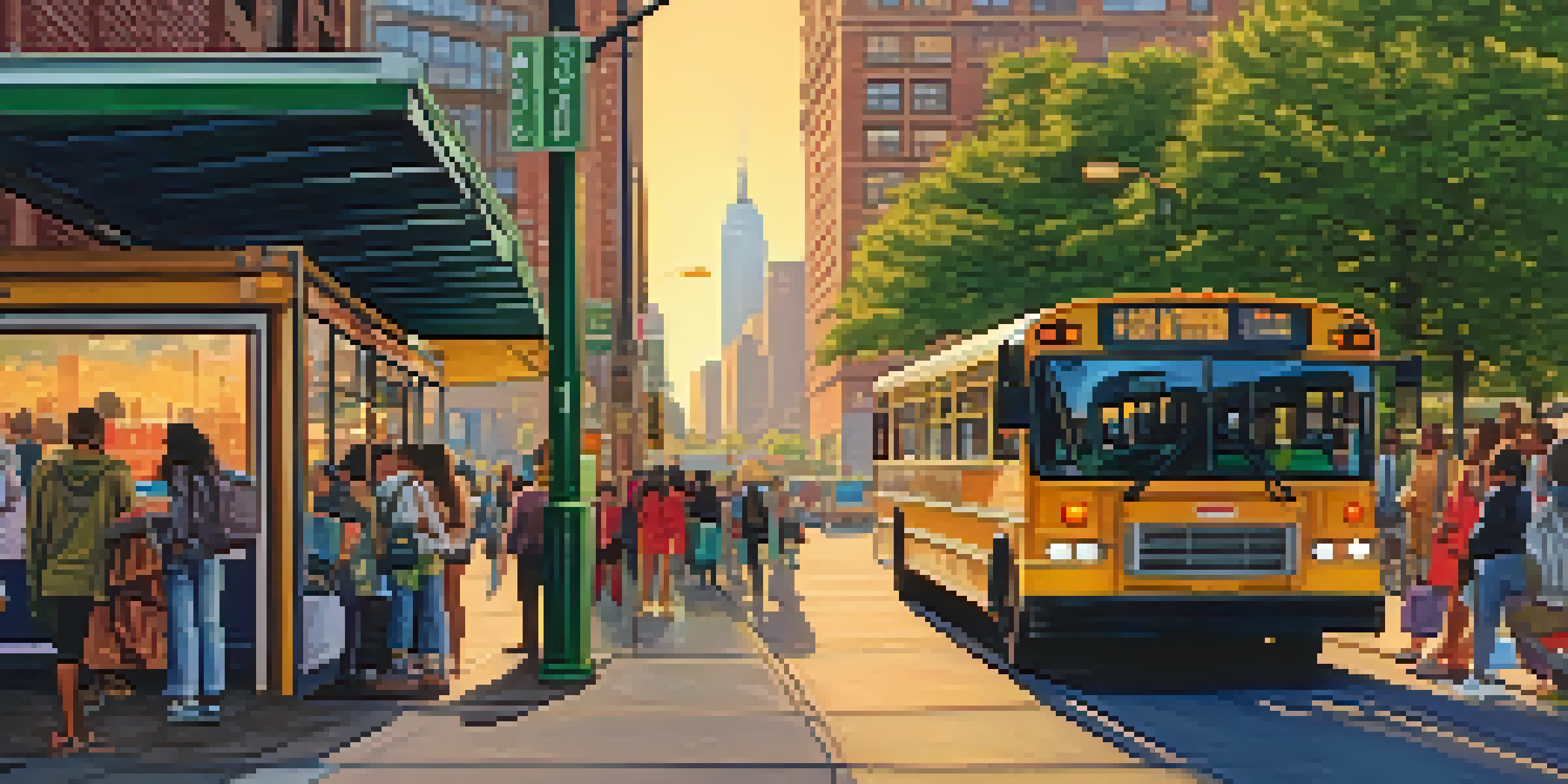 A busy bus stop in Jersey City with commuters and the Manhattan skyline in the background during sunrise.