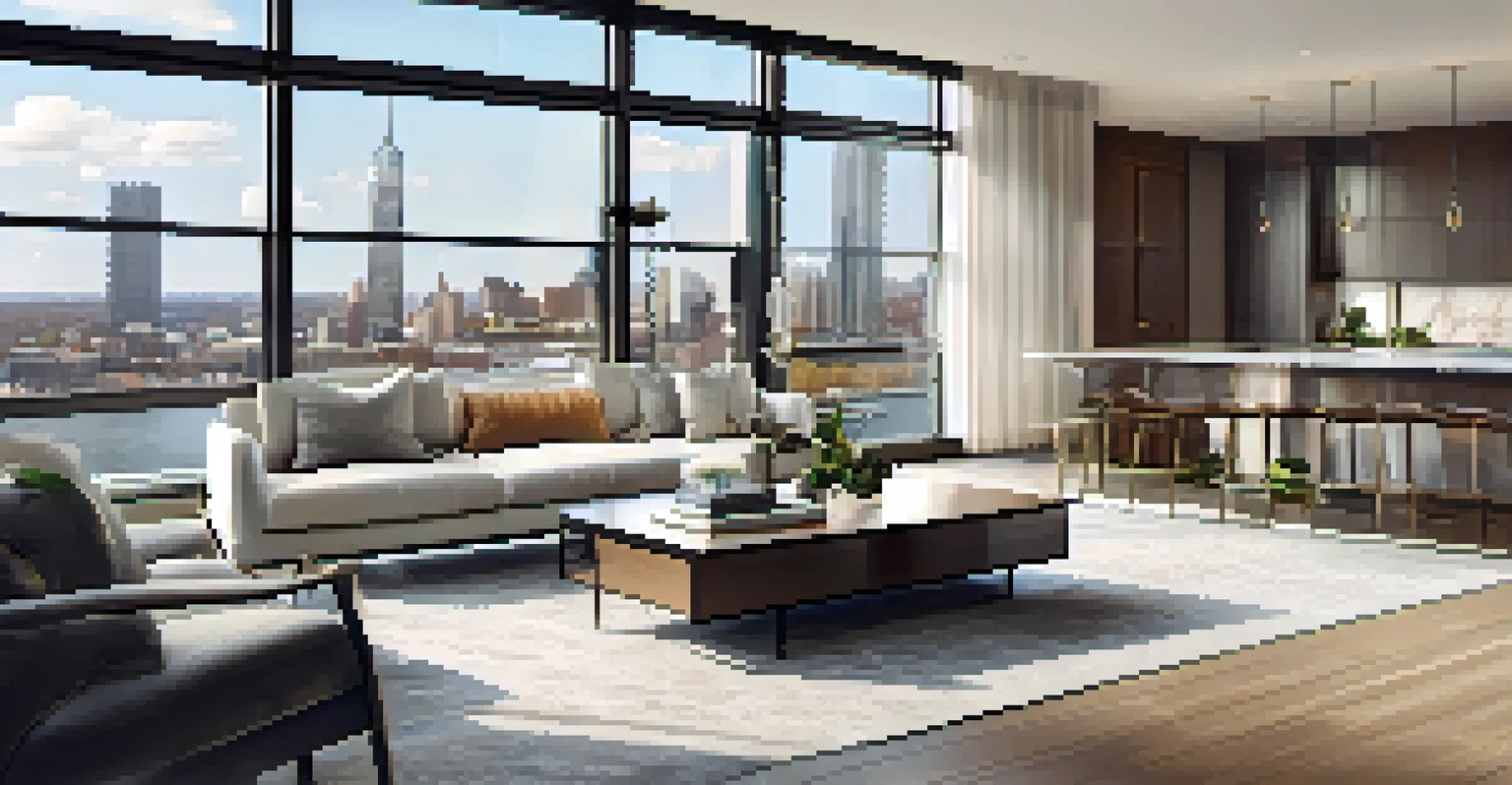 Luxury apartment interior in Jersey City with modern furniture, large windows, and a rooftop pool view.