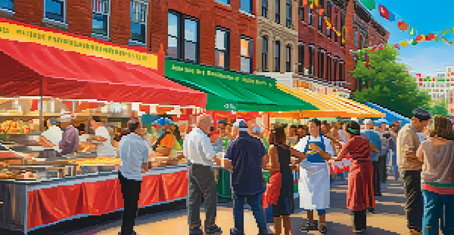 A vibrant culinary event in Jersey City with people sampling international dishes and chefs demonstrating cooking skills in a festive setting.