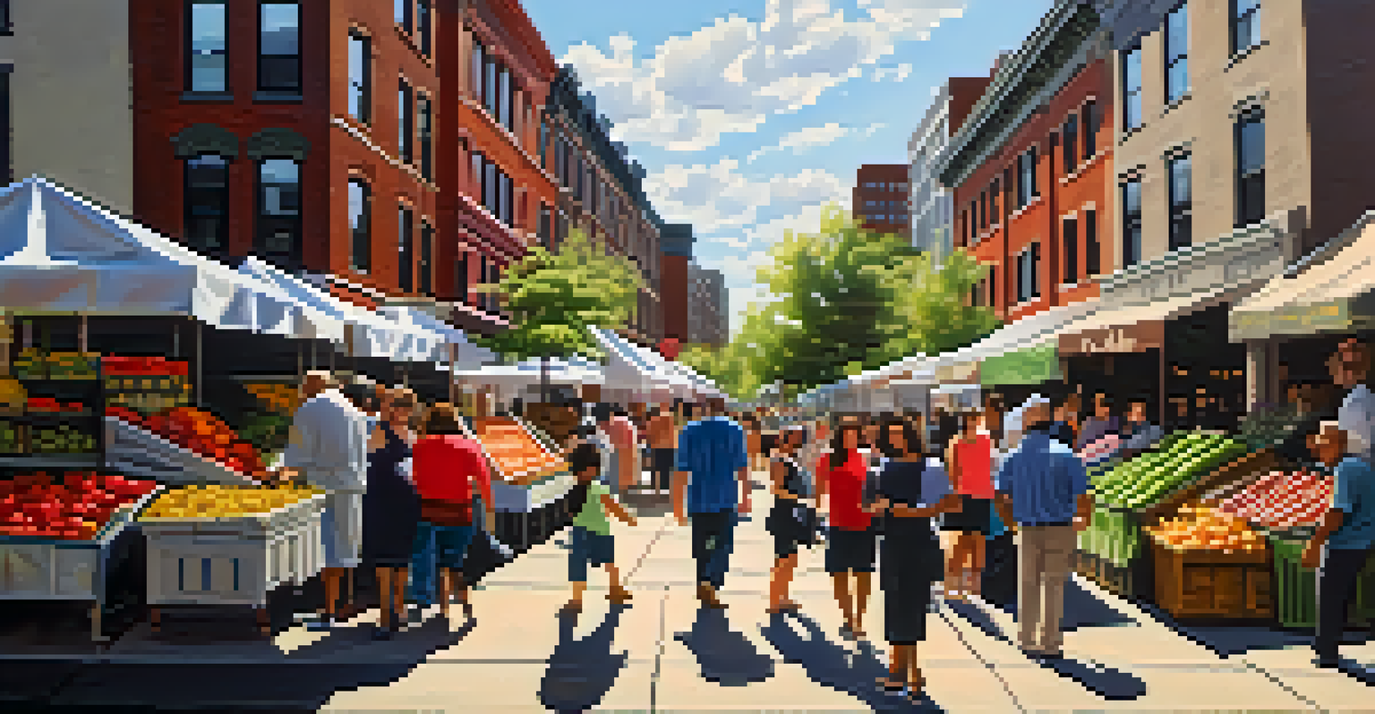 A lively neighborhood market in Jersey City with colorful stalls, diverse people, and vibrant murals.