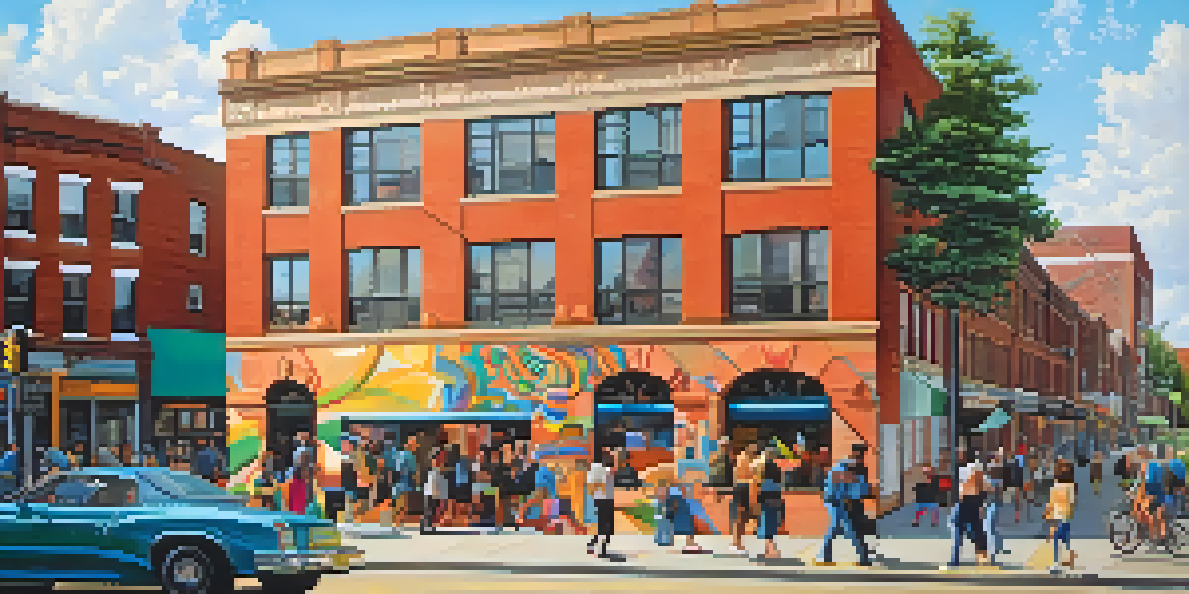 A colorful mural on a brick building in Jersey City with people engaging in the street under warm sunlight.