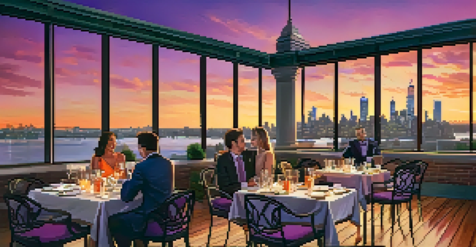 A rooftop dining area with tables set for dinner, vibrant cocktails, and a sunset view of the Manhattan skyline.