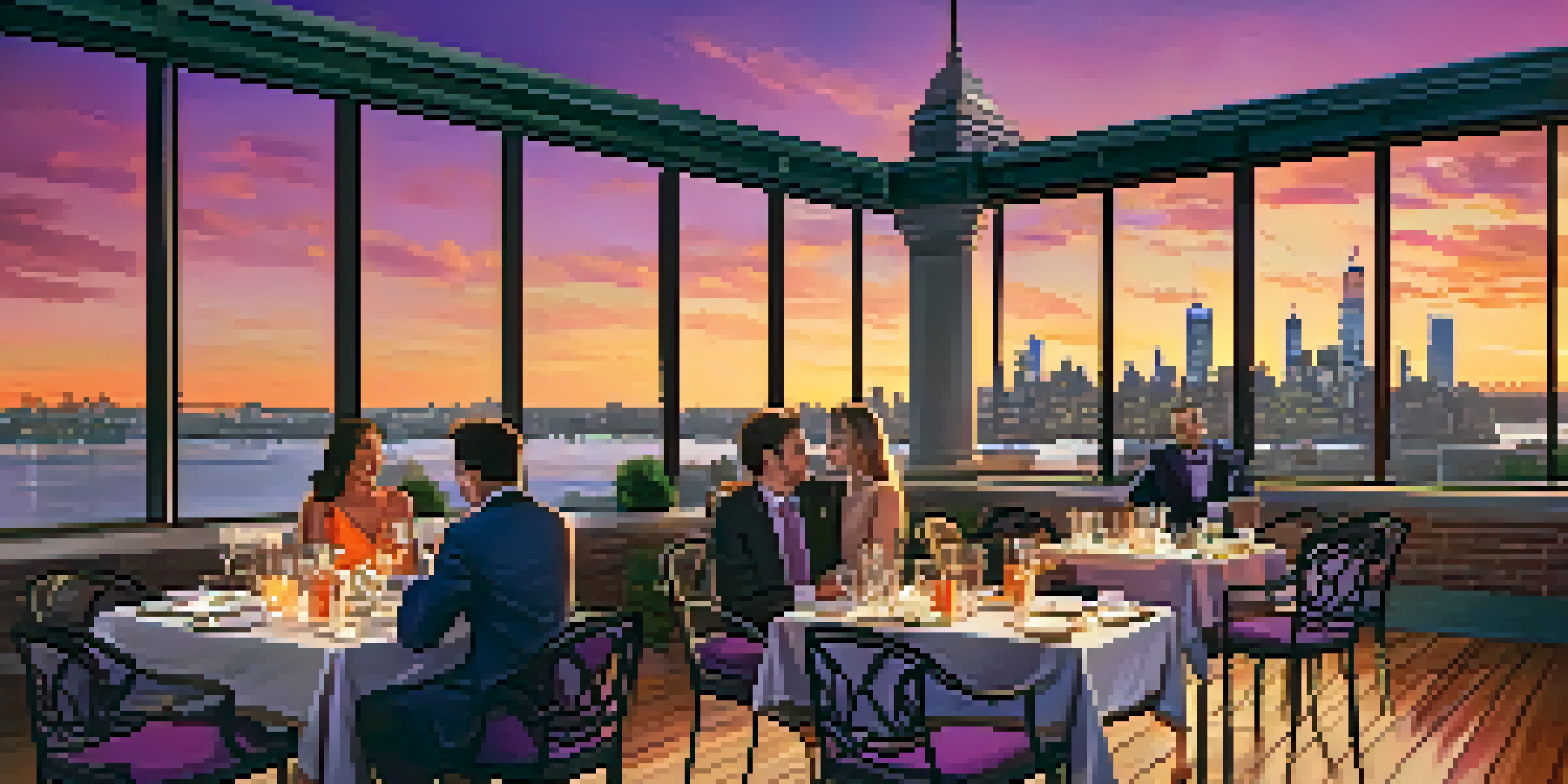 A rooftop dining area with tables set for dinner, vibrant cocktails, and a sunset view of the Manhattan skyline.