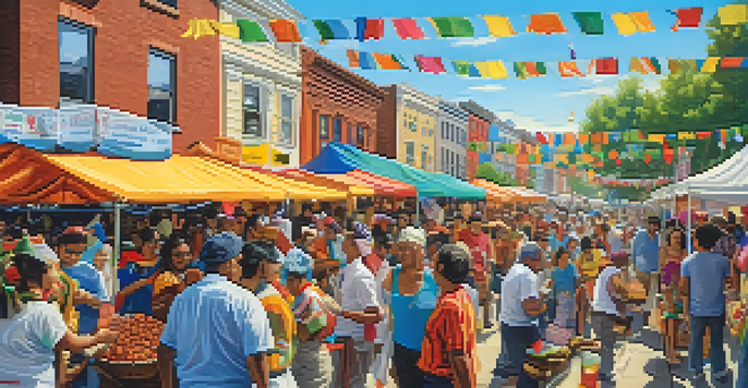 A lively cultural festival in Jersey City with diverse people enjoying food, music, and art together.