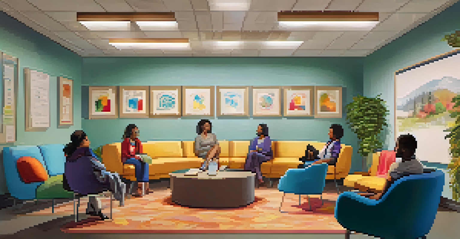 Inside a community mental health center, individuals sitting in a circle during a support group session in a warm and inviting atmosphere.