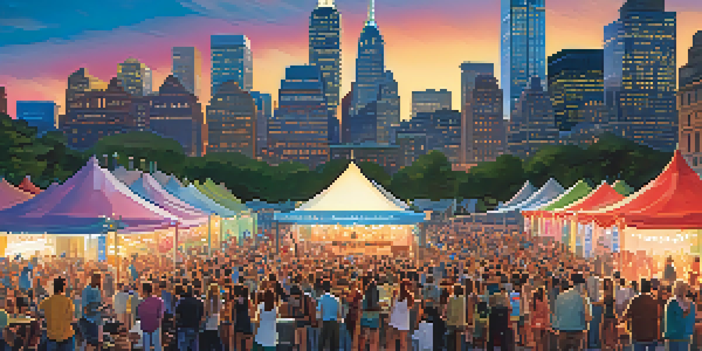 An outdoor music festival at Exchange Place with a diverse crowd, stage lights, and the Manhattan skyline at sunset.