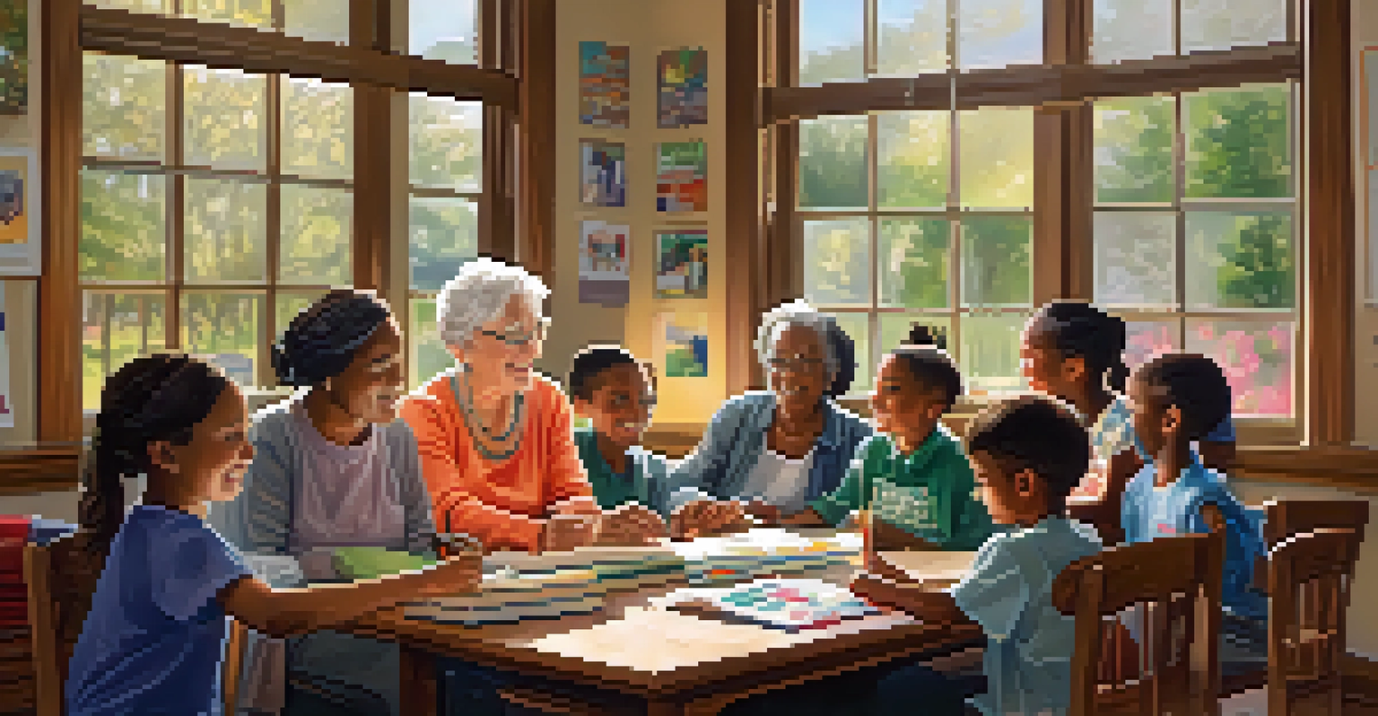 Seniors and children interacting in a classroom, sharing stories with books and art supplies around, bathed in warm natural light.