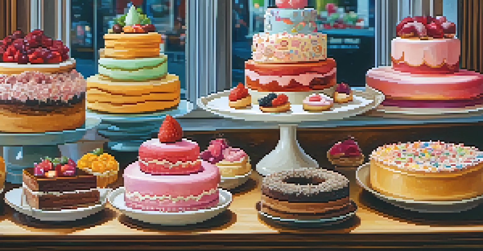 A bakery showcase filled with colorful vegan desserts including cakes, cookies, and donuts, beautifully arranged on a wooden counter.