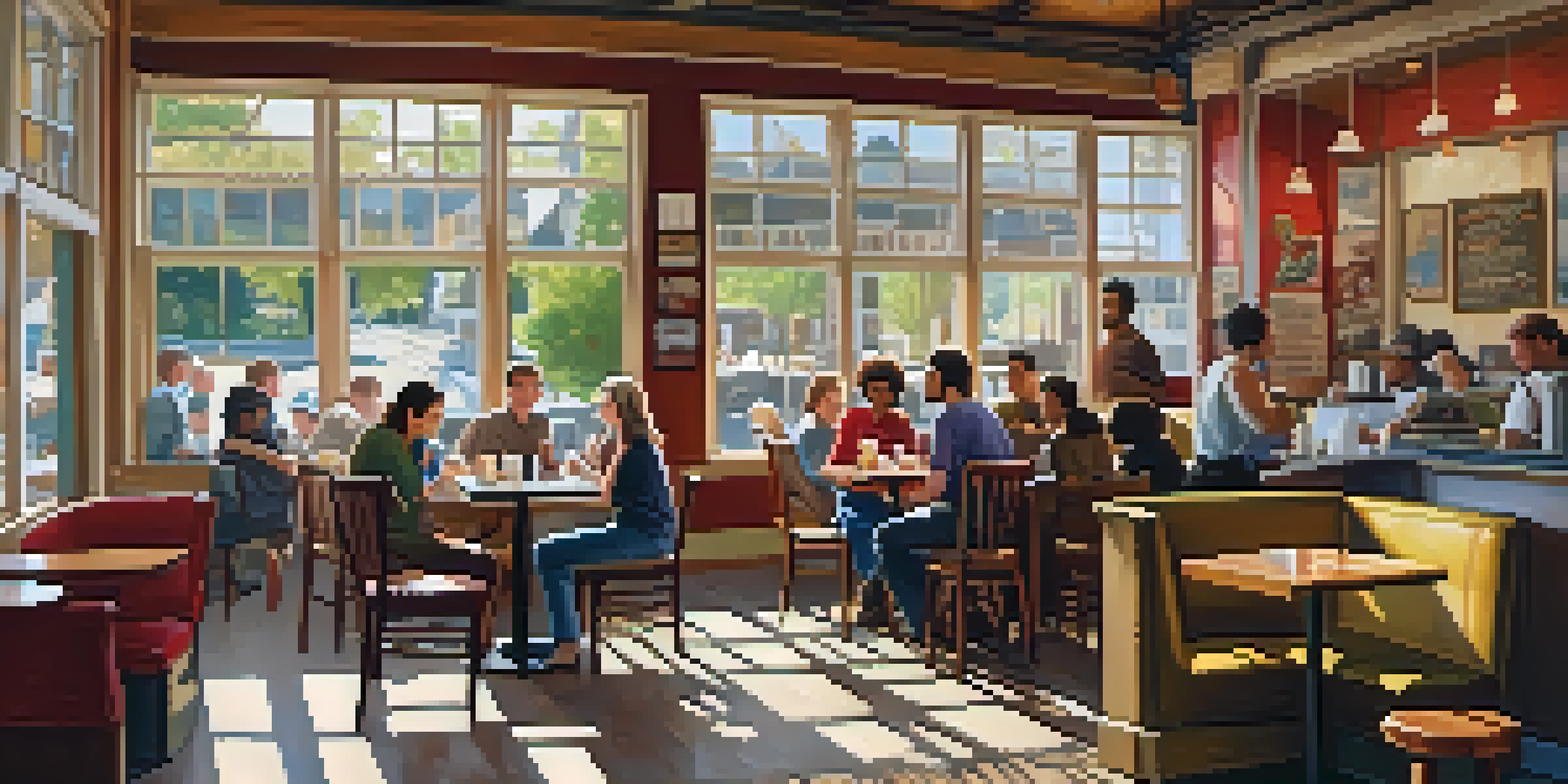 A lively coffee shop filled with people enjoying drinks and conversations in a warm and inviting setting.