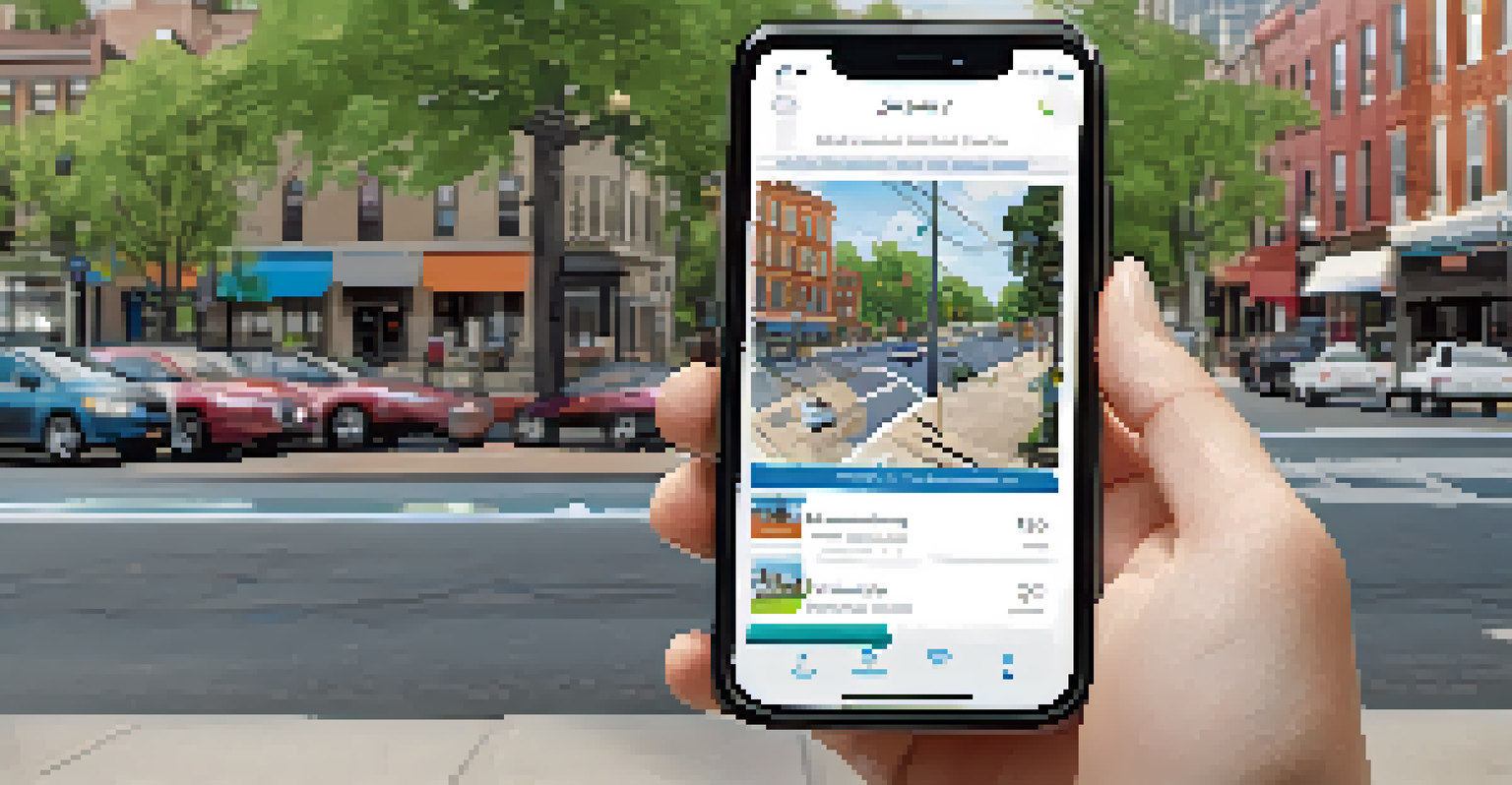 Close-up of a person using a smartphone app to report an issue in Jersey City, with neighborhood elements in the background.