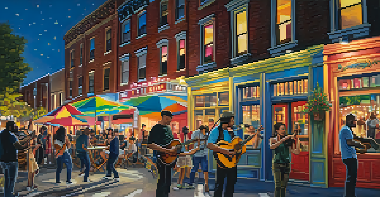 Street musicians performing in The Jersey City Arts District surrounded by colorful murals and an engaged audience.