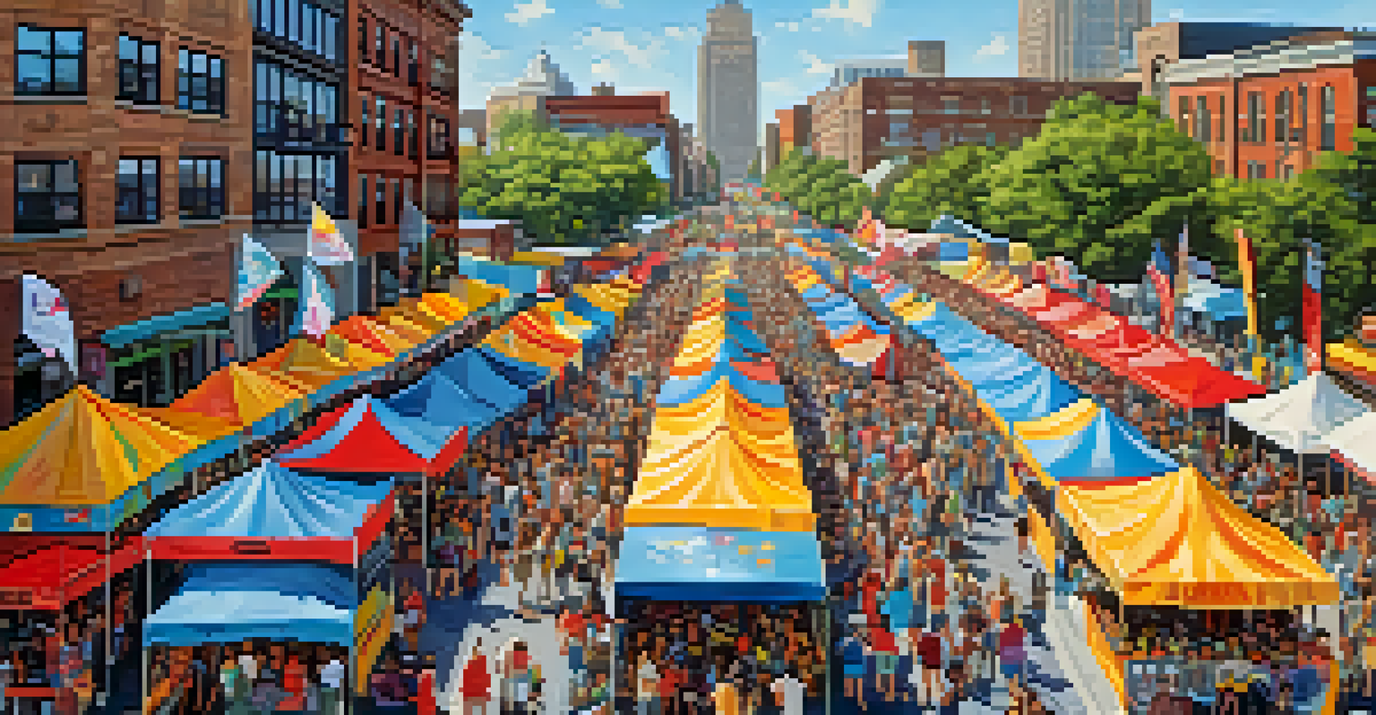 An outdoor art festival featuring booths with local artists, families enjoying the event, and colorful banners.