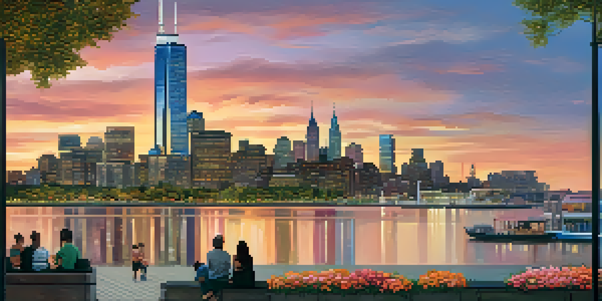 A panoramic view of Jersey City skyline during sunset with modern skyscrapers and a waterfront park.