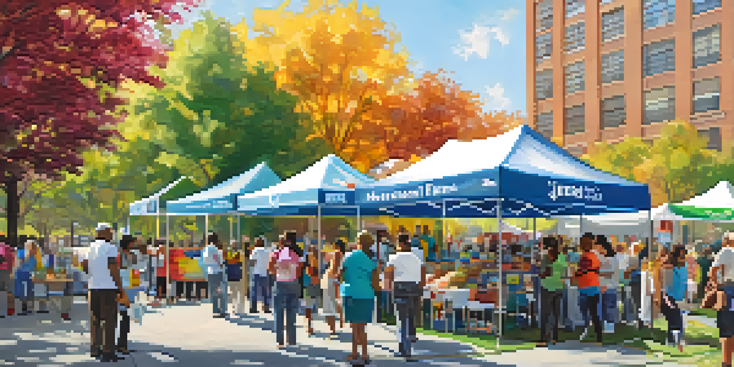 A community health fair in Jersey City with diverse attendees interacting with healthcare booths and volunteers in a sunny park.
