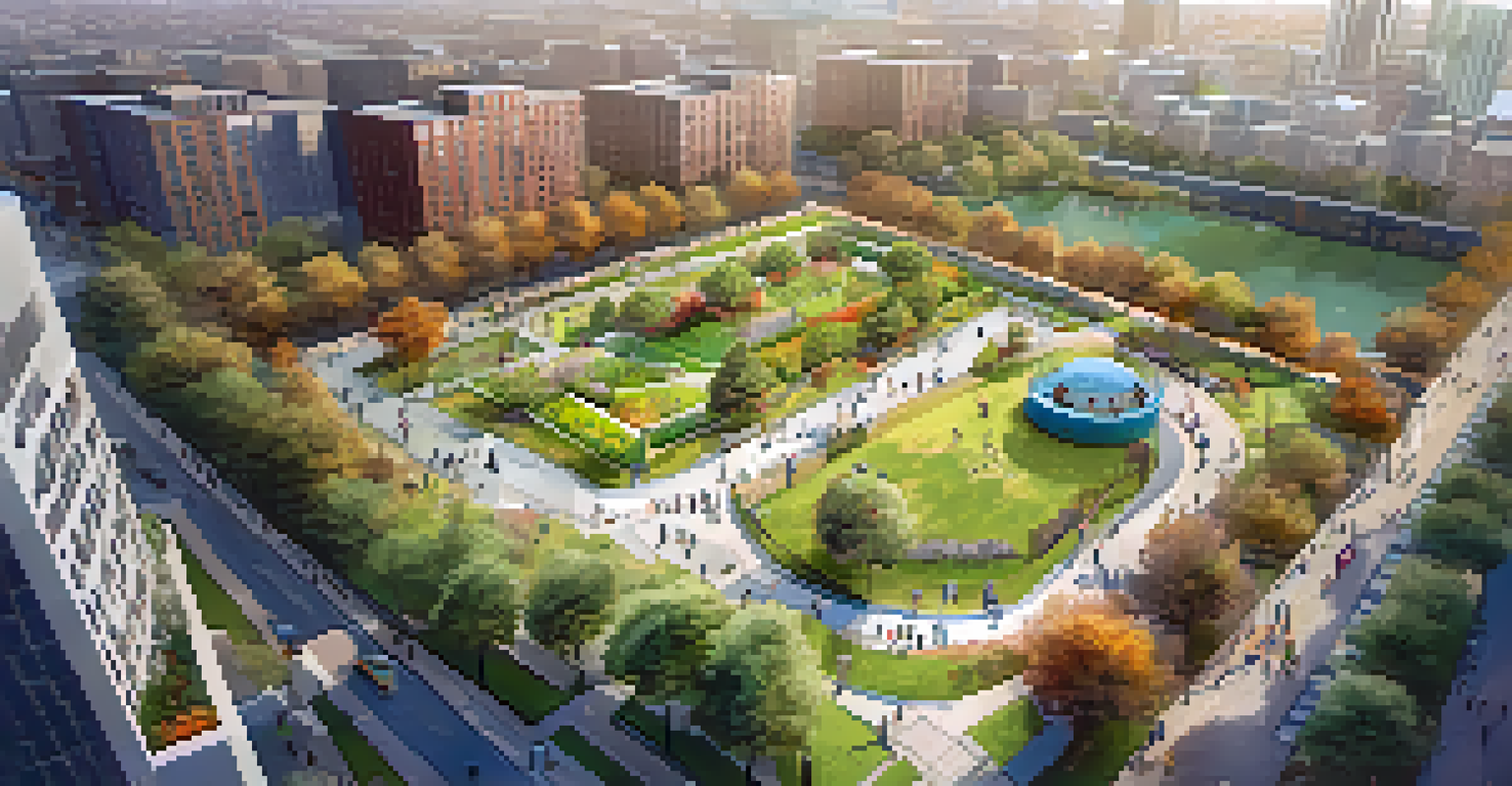 An aerial view of a revitalized park showing walking paths and community gardens, surrounded by buildings in Jersey City.