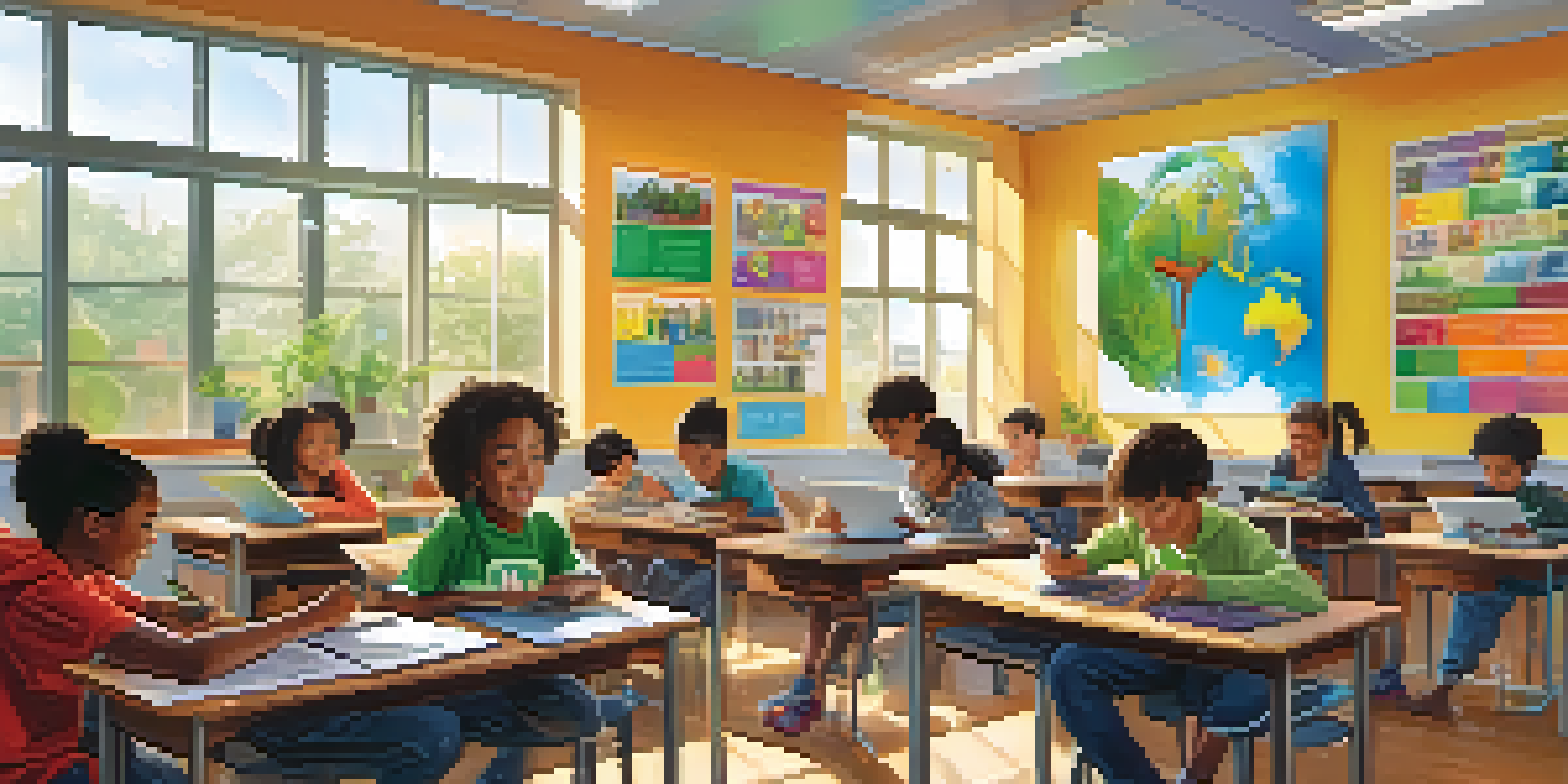 A classroom filled with diverse students interacting with technology, showcasing engagement and curiosity.