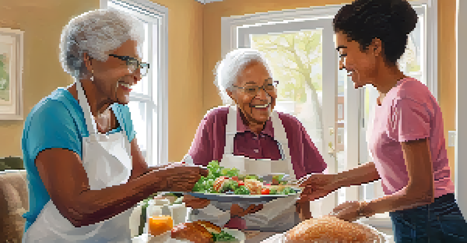 A warm scene of a volunteer delivering a meal to an elderly person in their sunny home, showcasing community support for seniors.