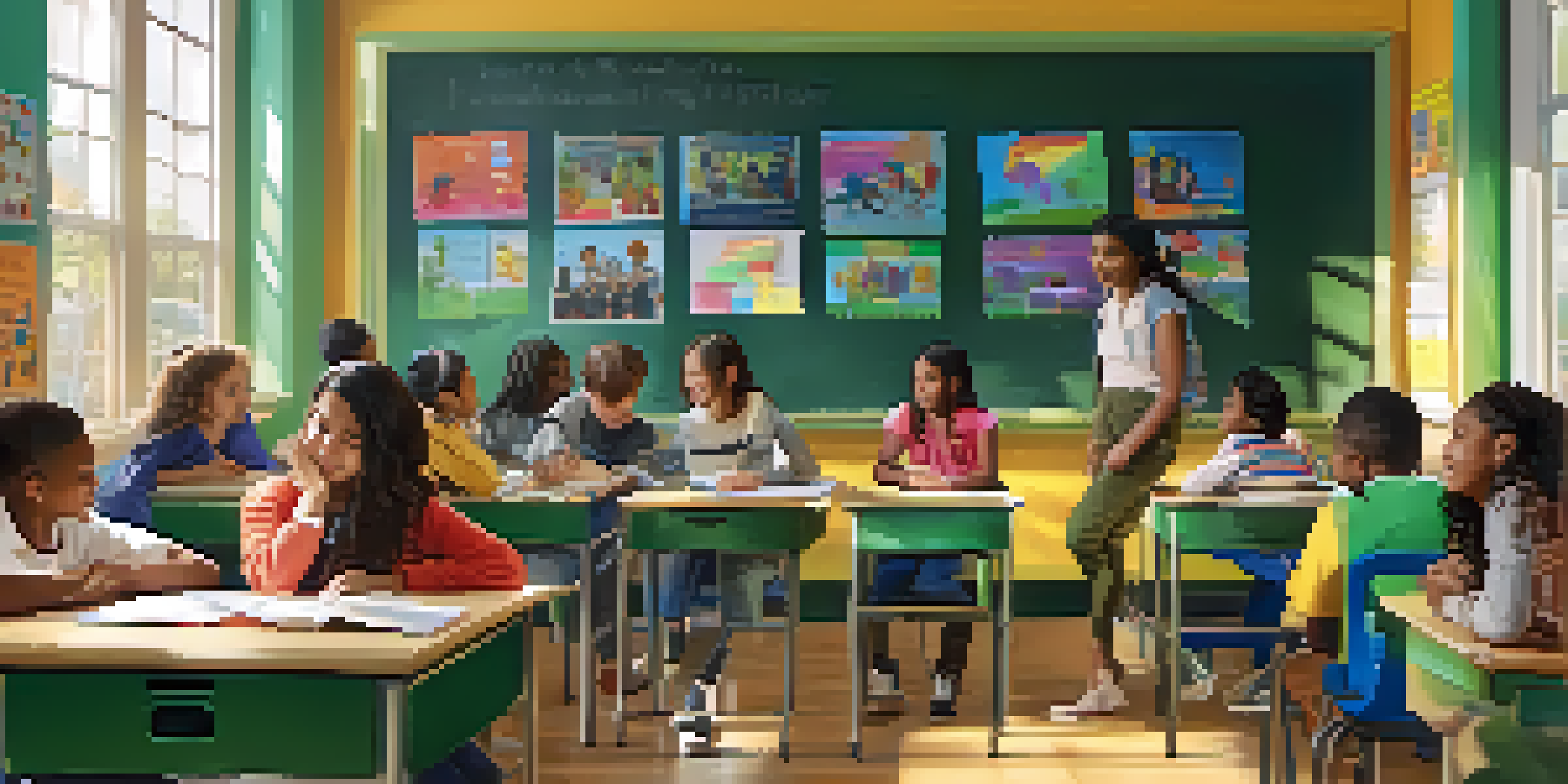 A diverse group of students working together on a project in a colorful and well-lit classroom.