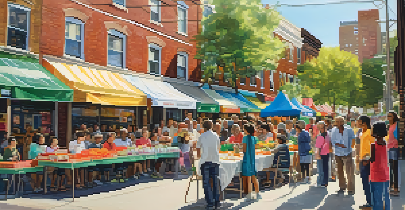 Residents participating in a neighborhood event with crafts and local produce in Jersey City, creating a lively atmosphere.