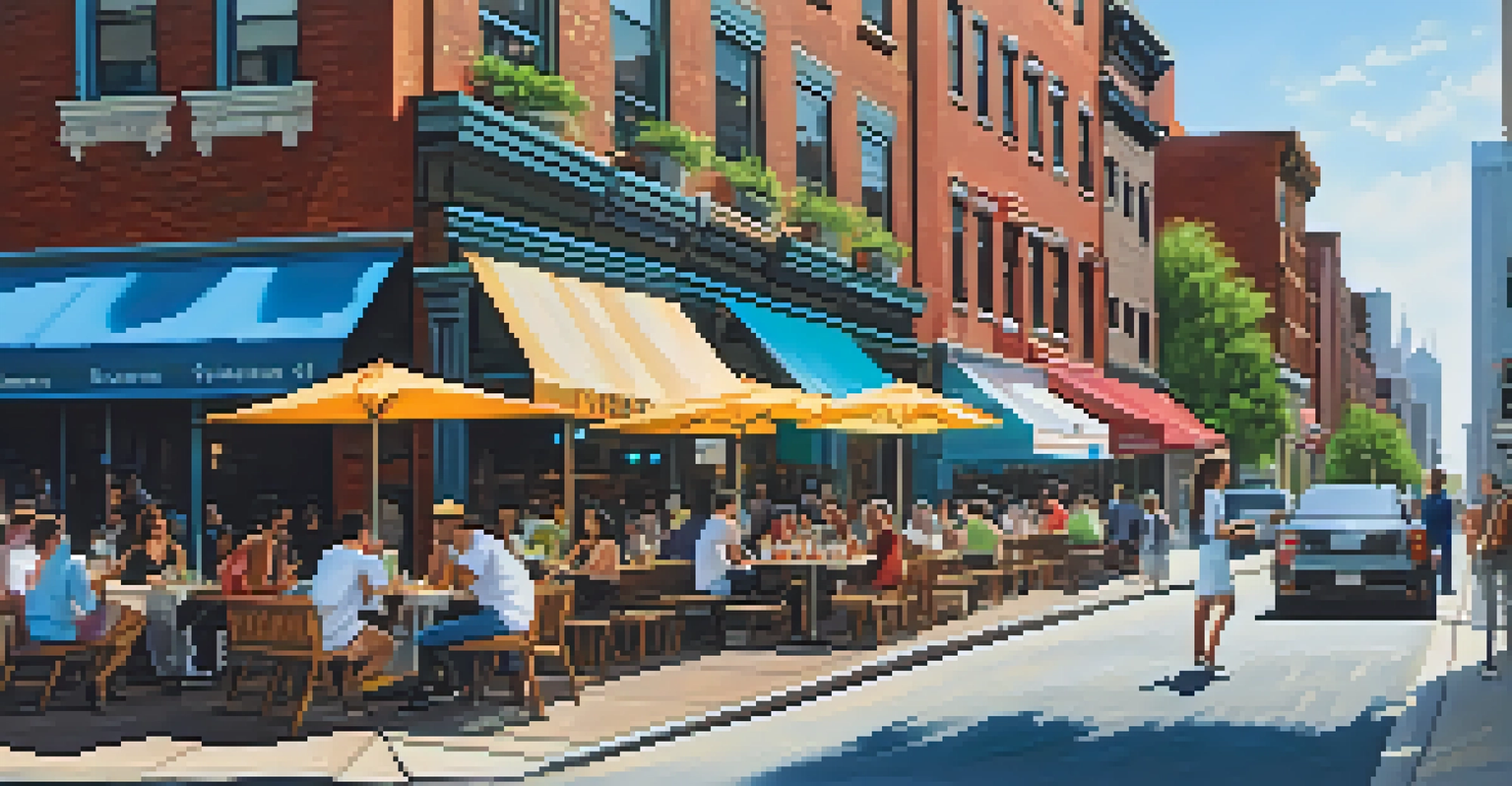 A lively street scene in Jersey City with outdoor dining at a café and the Manhattan skyline visible in the background.