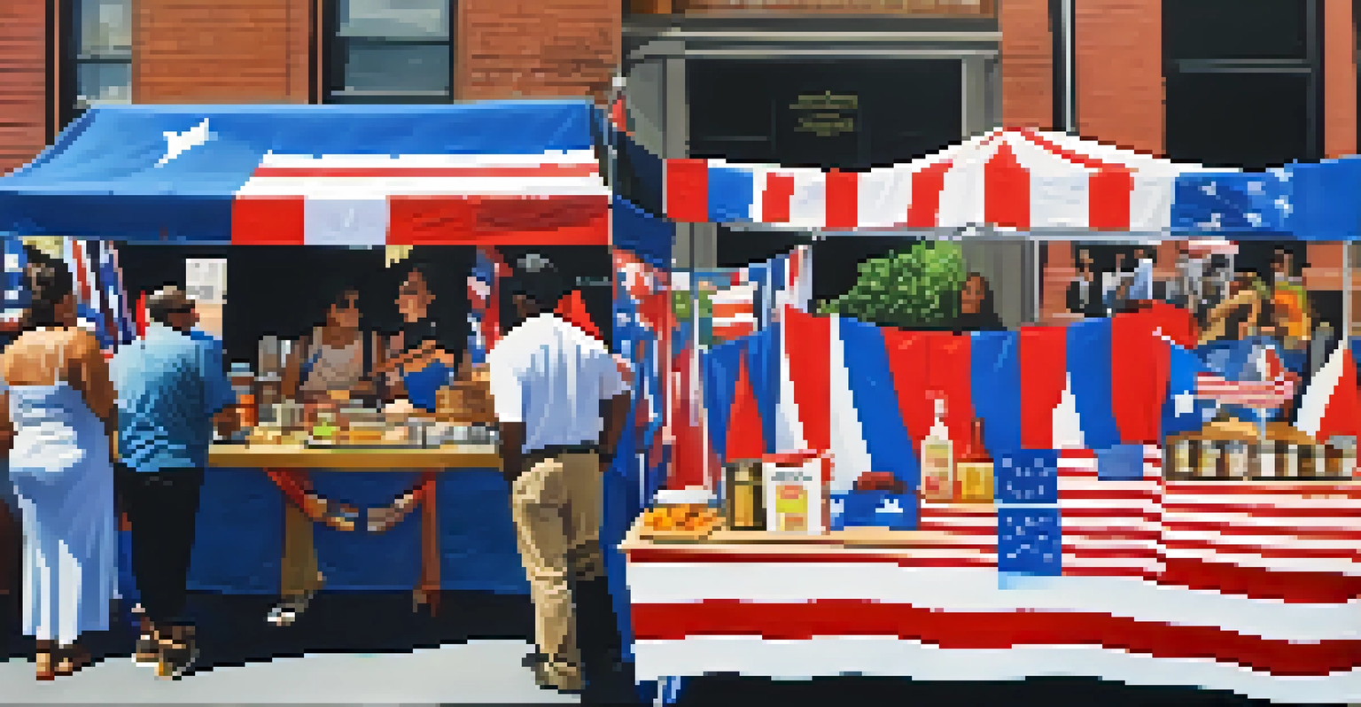 A vibrant booth at the Jersey City Puerto Rican Day Parade showcasing traditional crafts and foods with attendees engaging with vendors.