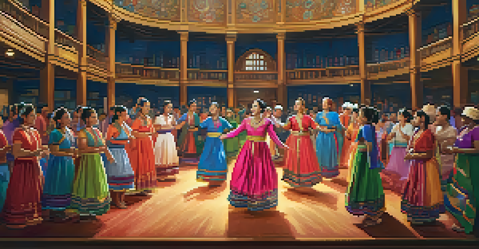 A vibrant cultural celebration at the library with performers in traditional attire dancing, and an engaged audience clapping and enjoying the event.