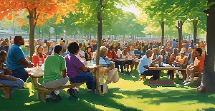 A diverse group of residents gathered in a sunny park, discussing affordable housing initiatives, surrounded by greenery and colorful banners.