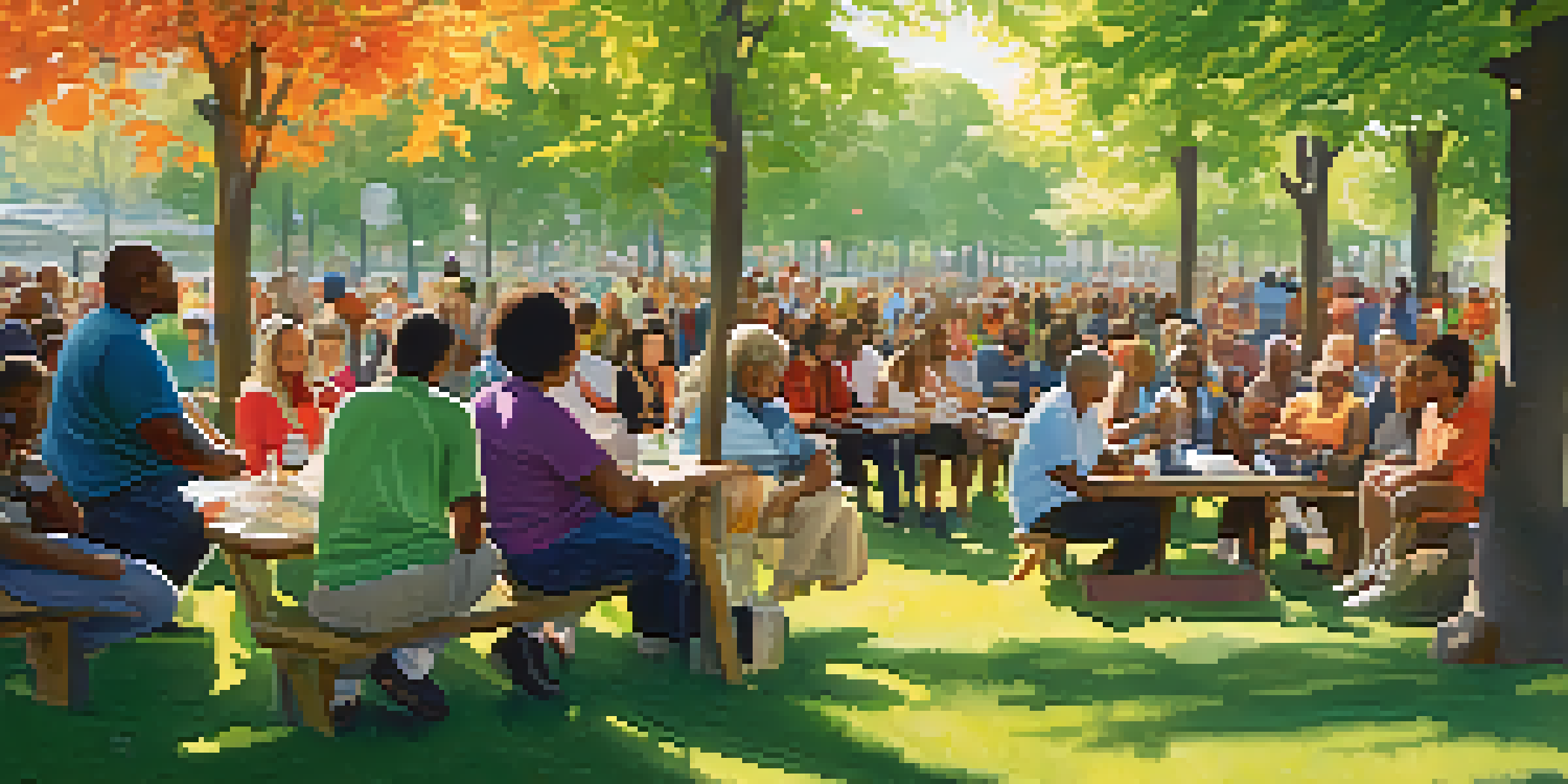 A diverse group of residents gathered in a sunny park, discussing affordable housing initiatives, surrounded by greenery and colorful banners.
