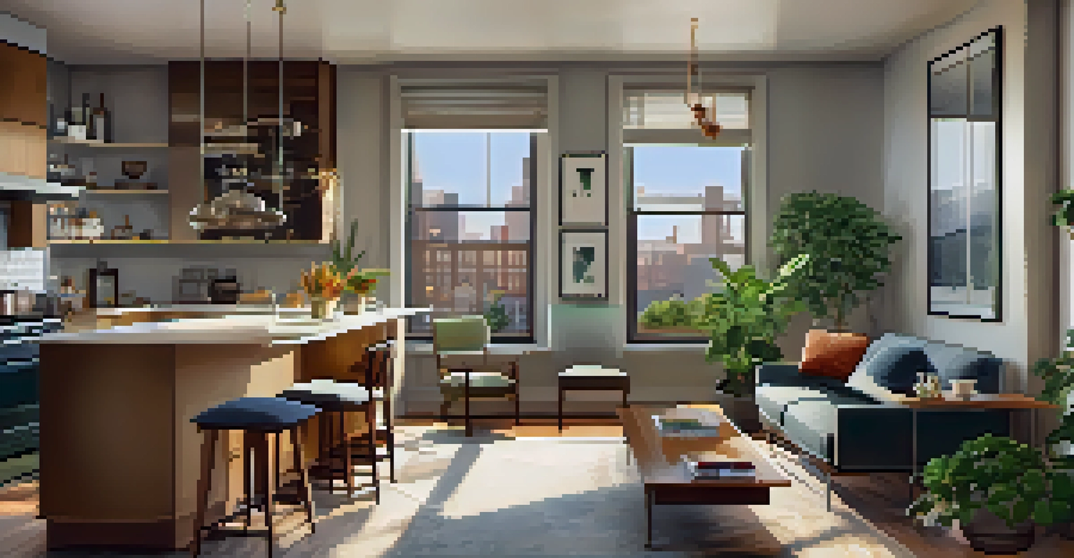 A cozy interior of a modern Jersey City apartment showing a kitchen and dining area, warmly lit with potted plants.