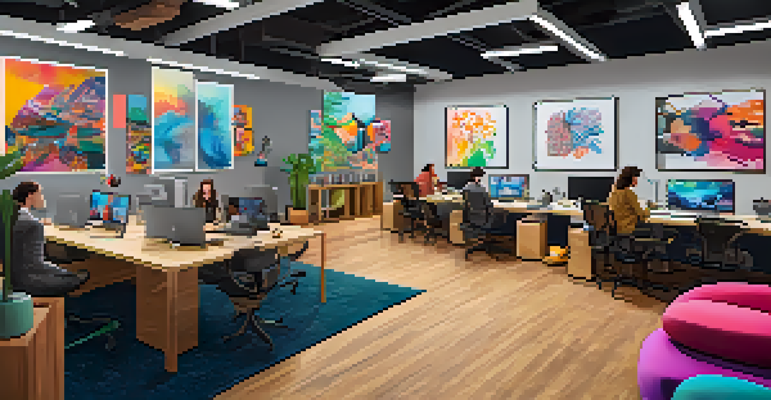 A lively creative workspace at Indiegrove, showcasing artistic decor and entrepreneurs brainstorming in a vibrant environment.