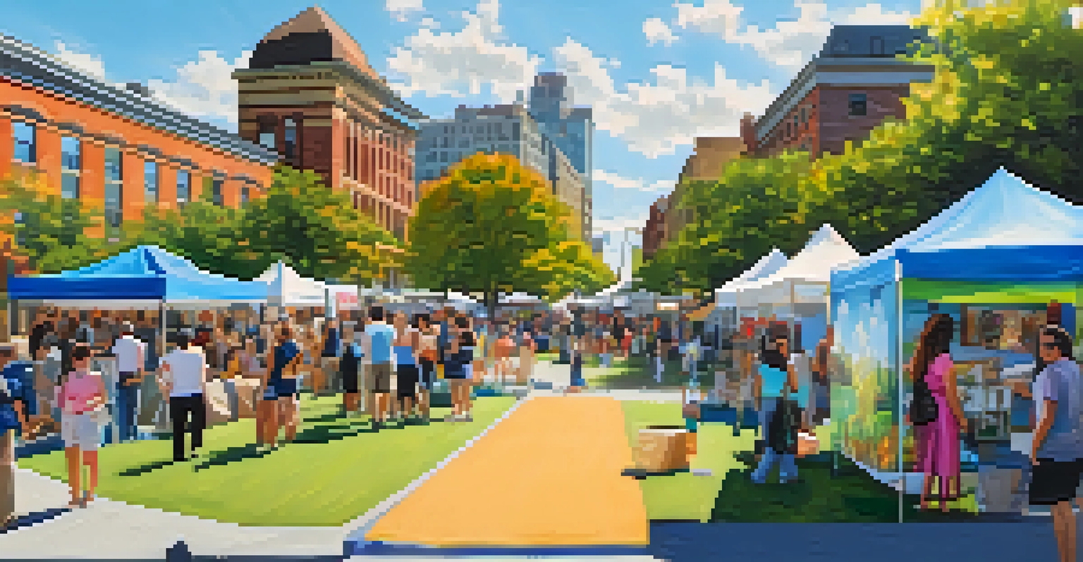 A community art festival in a park in Jersey City with local artists and historic buildings in the background.