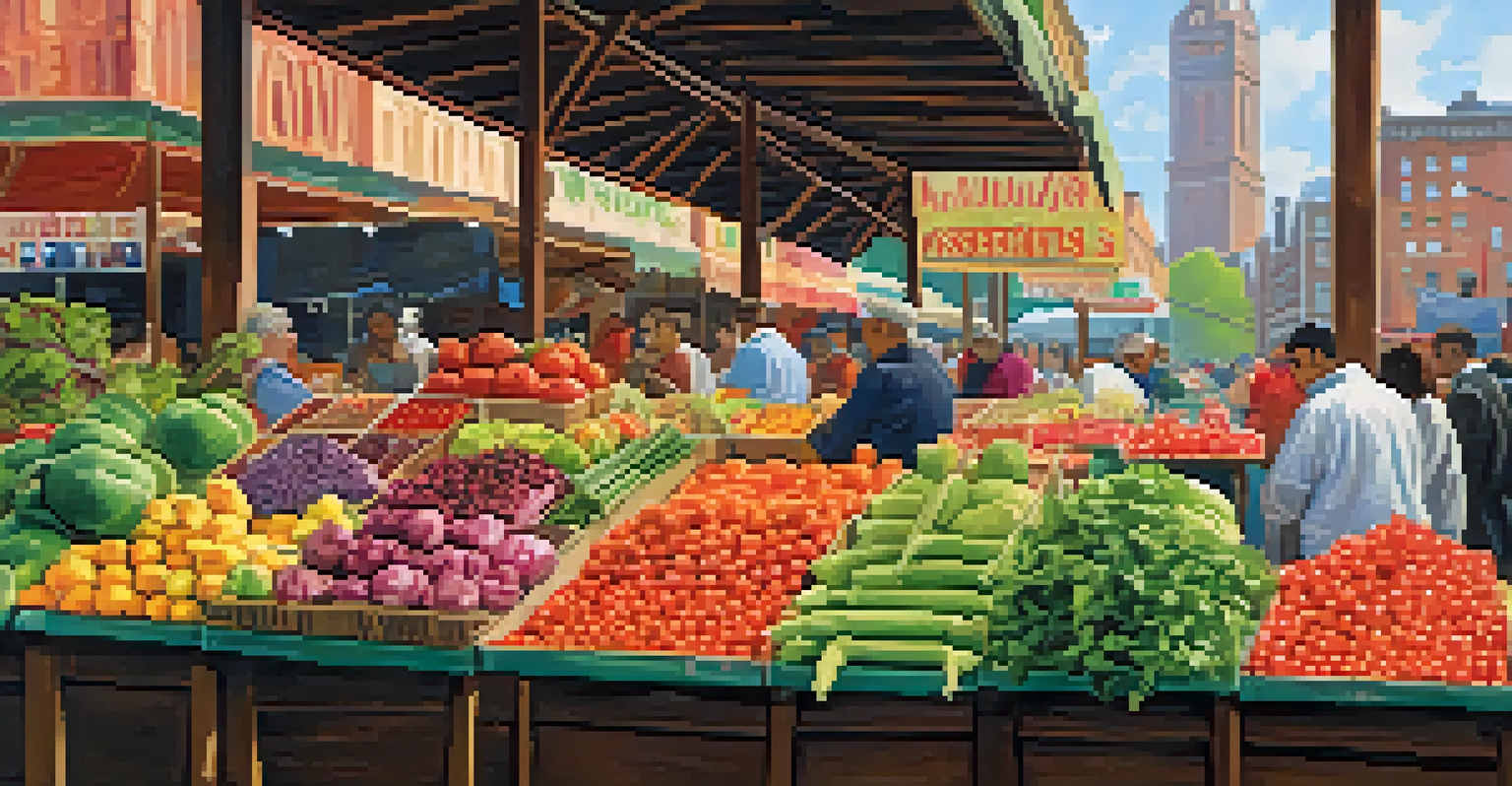 A colorful market in Jersey City featuring fresh produce and spices, with customers interacting with vendors in a warm atmosphere.