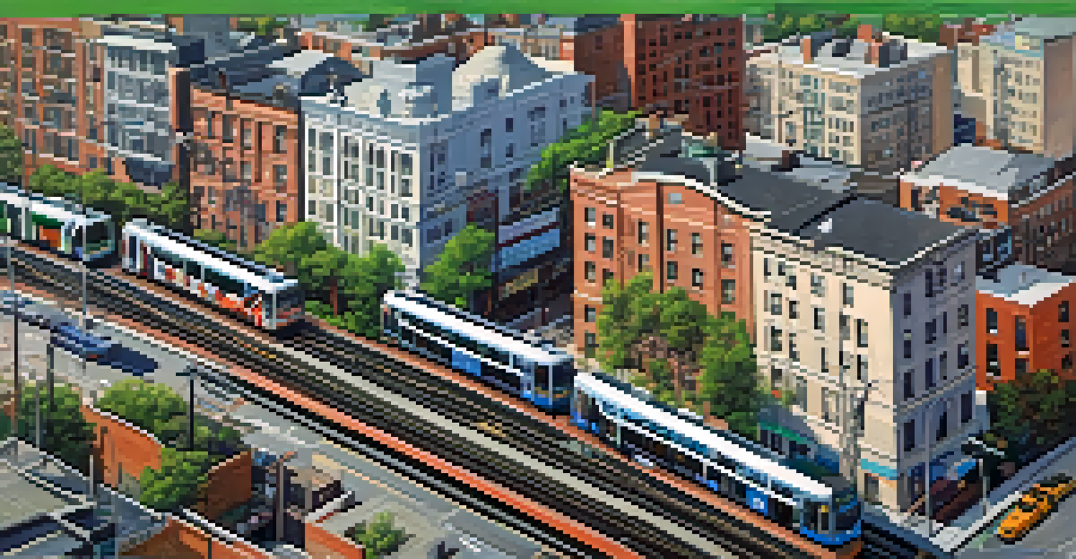 An aerial view of Jersey City showing public transportation lines, bus routes, light rail tracks, and a mix of buildings and green spaces.