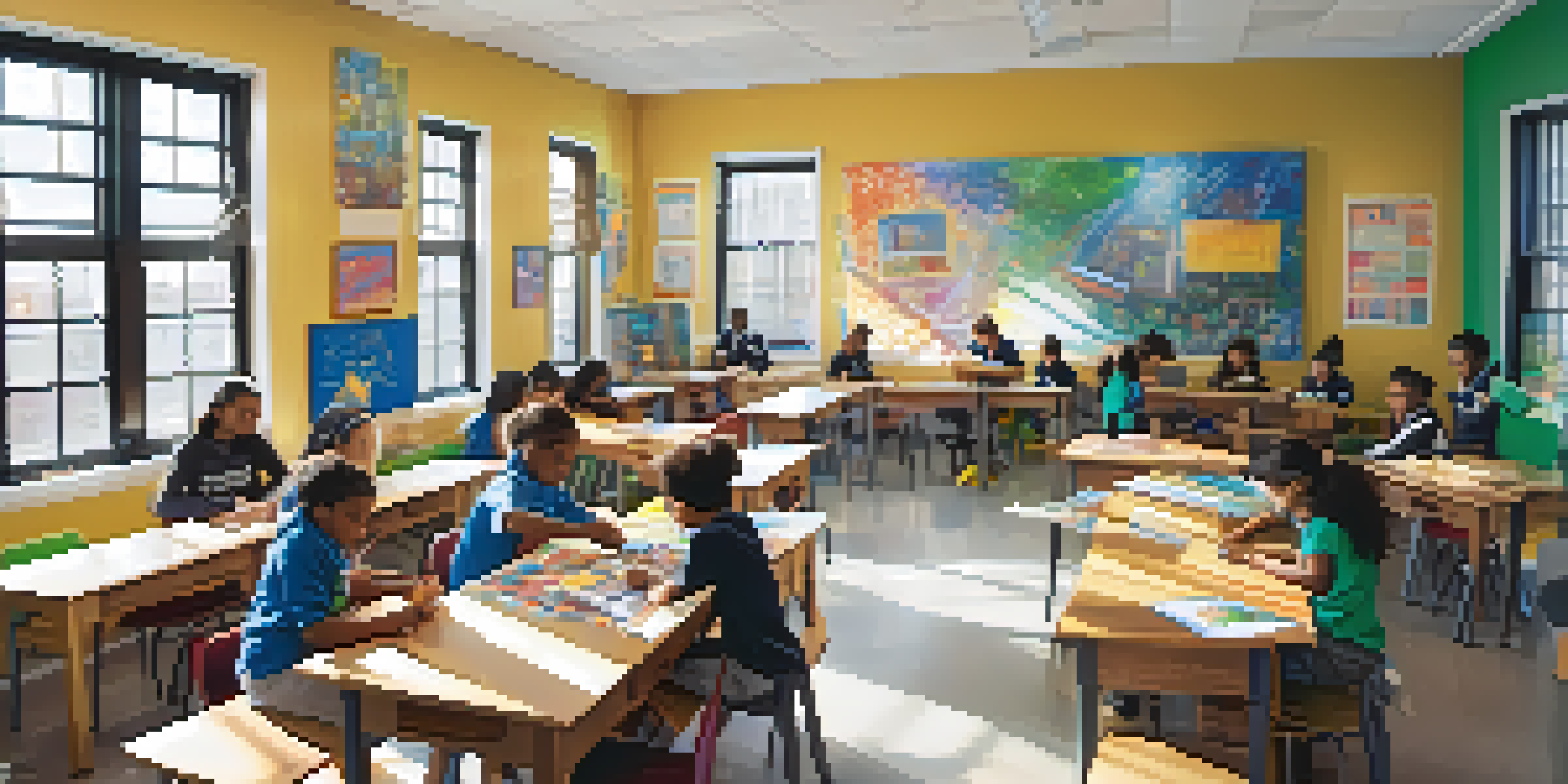 A classroom filled with diverse students working on a STEAM project, surrounded by colorful decorations and sunlight.