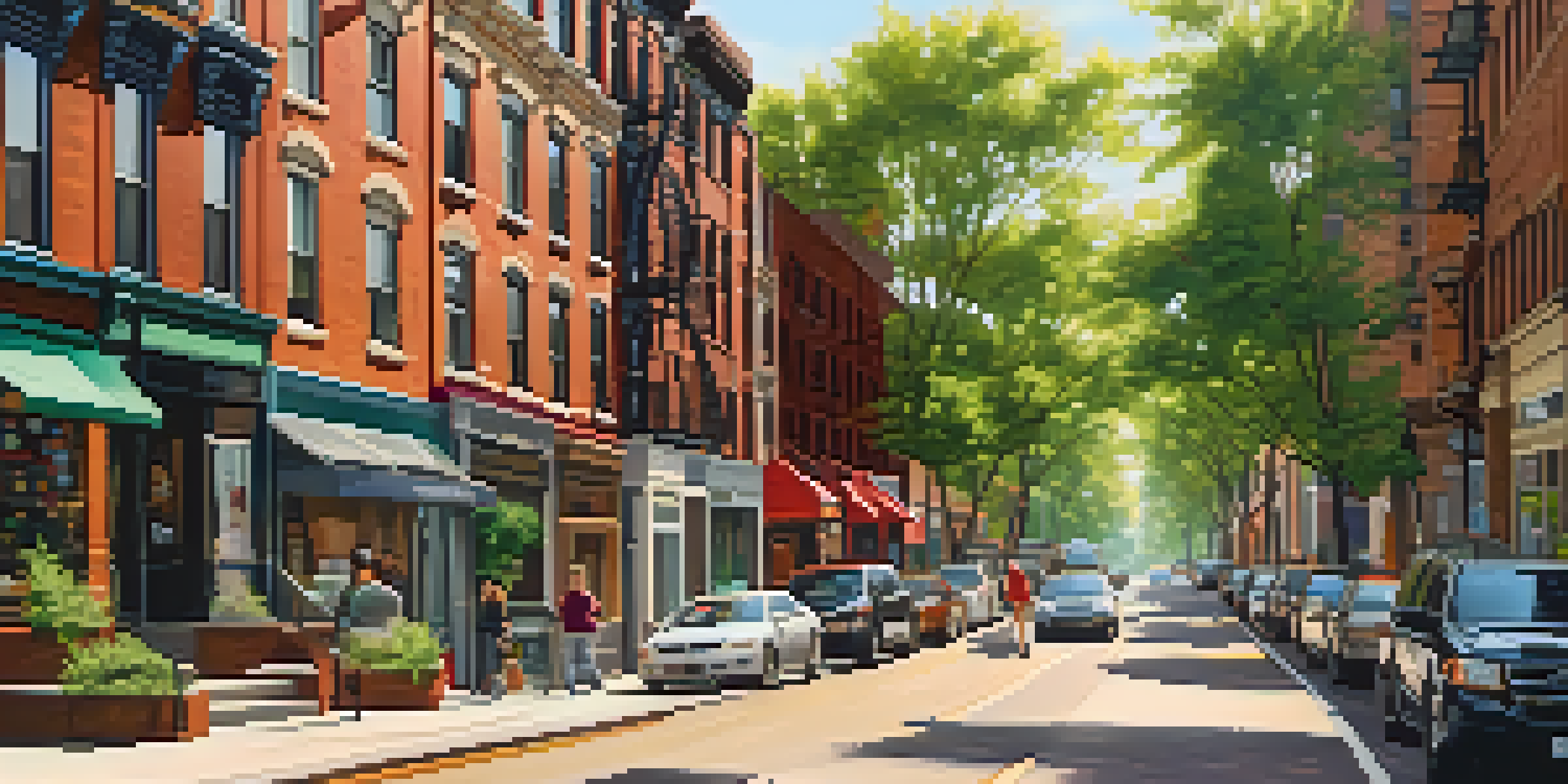 A lively street scene in Jersey City with modern buildings and brownstones, featuring diverse people and green trees under warm sunlight.