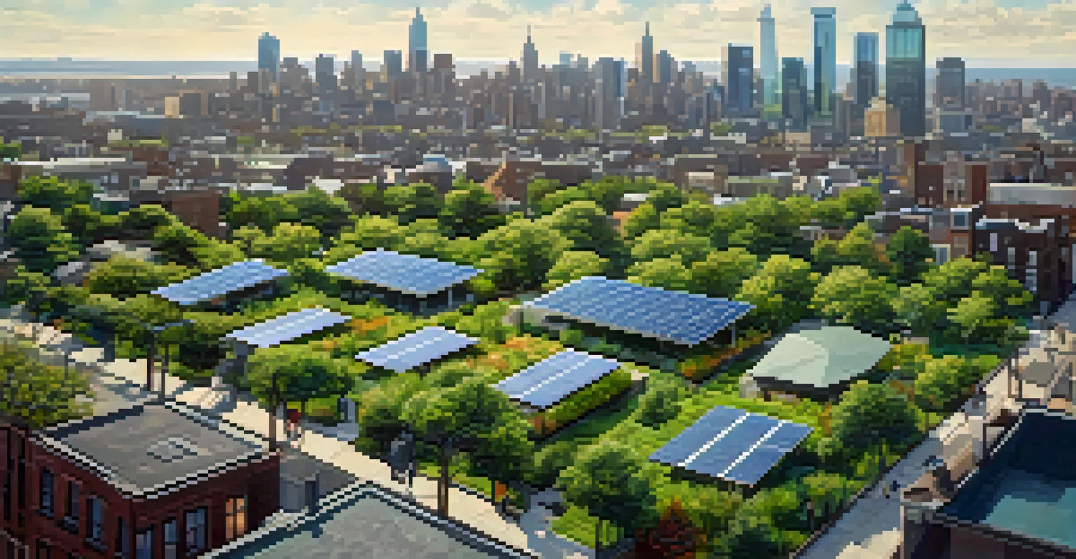 Aerial view of Jersey City showing solar panels on rooftops and green roofs, blending nature with urban life, highlighting sustainability efforts.