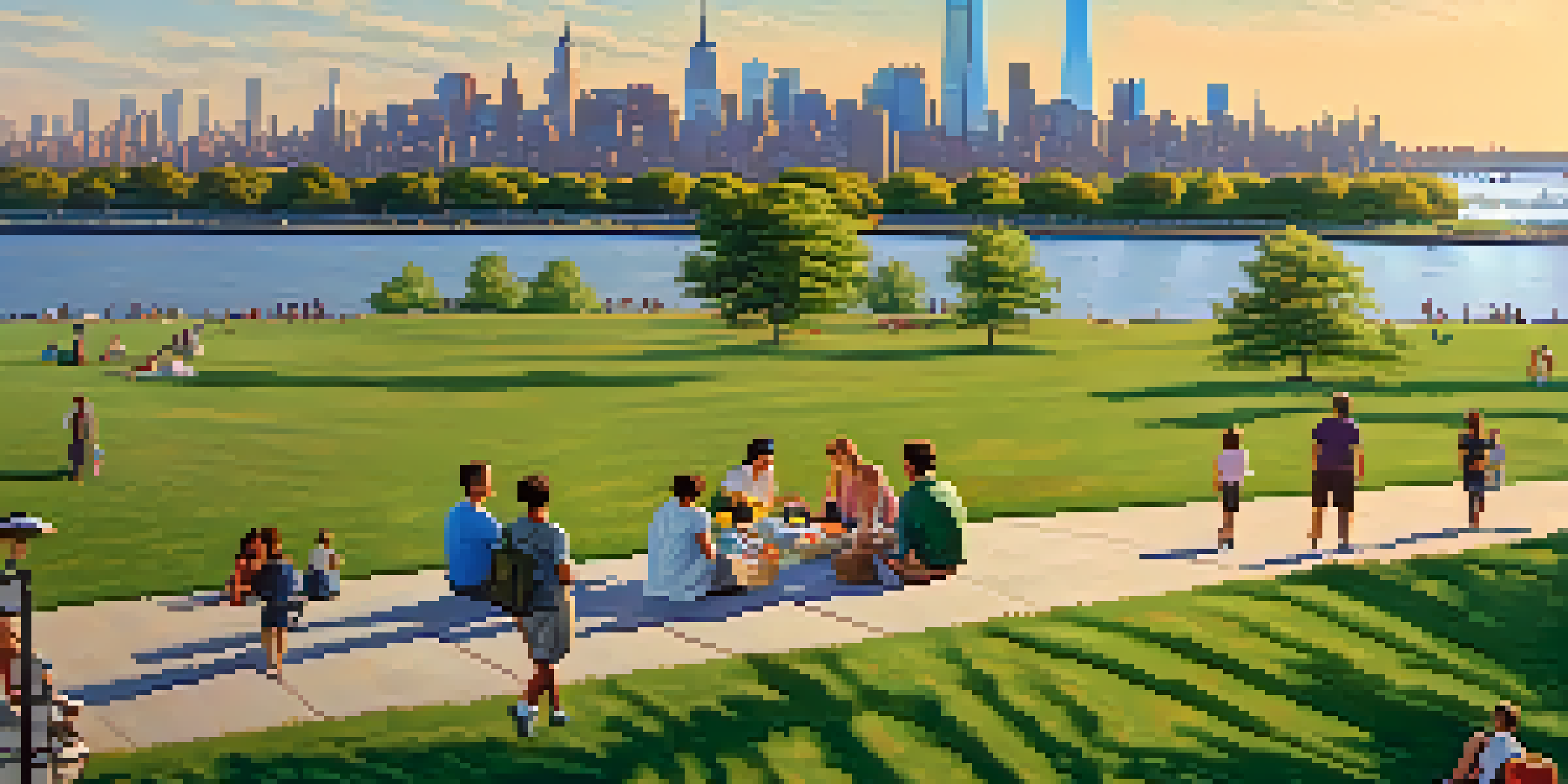 A scenic view of Liberty State Park with the Statue of Liberty and the Manhattan skyline in the background, featuring families enjoying the park.
