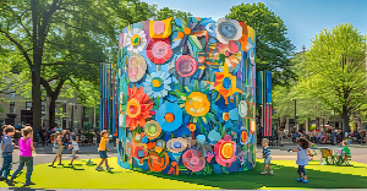 A colorful recycled art installation in Van Vorst Park, surrounded by flowers and children playing under a bright blue sky.