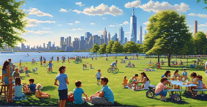 Families enjoying a sunny day at Liberty State Park with picnics on the grass and views of the Statue of Liberty and Manhattan skyline.