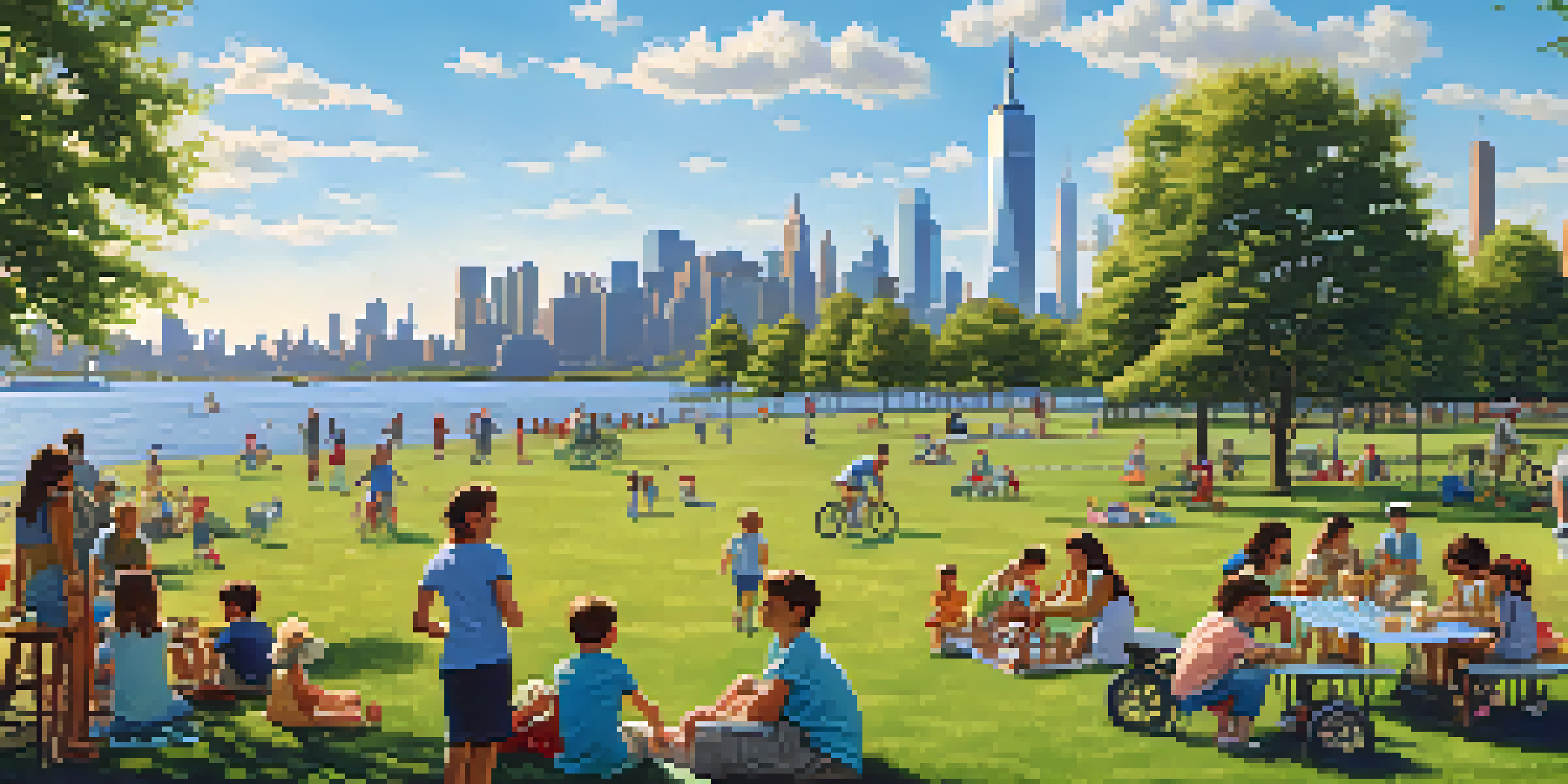 Families enjoying a sunny day at Liberty State Park with picnics on the grass and views of the Statue of Liberty and Manhattan skyline.