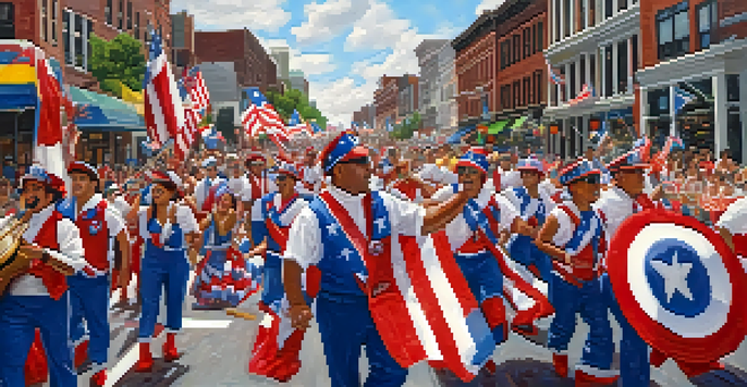 A colorful parade showcasing Puerto Rican culture with dancers, floats, and a joyful crowd in Jersey City.
