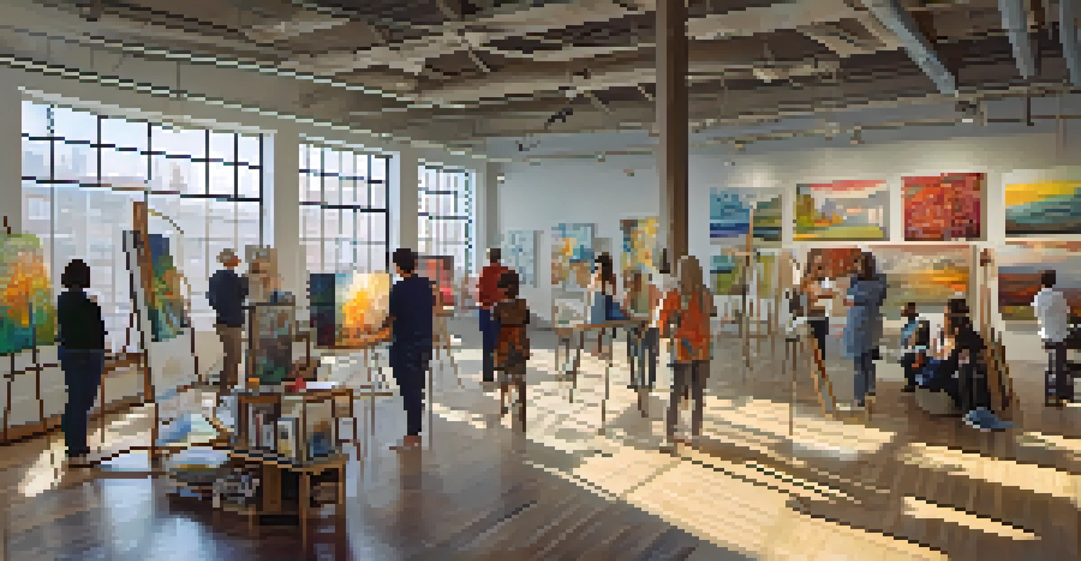 Artists showcasing their work during the Jersey City Art & Studio Tour, with visitors engaging and colorful art displayed.