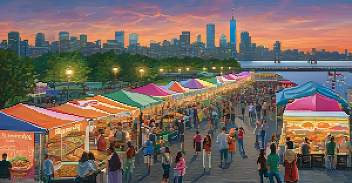 A bustling waterfront food festival in Jersey City with colorful tents, food stalls, and happy visitors, set against a sunset skyline.
